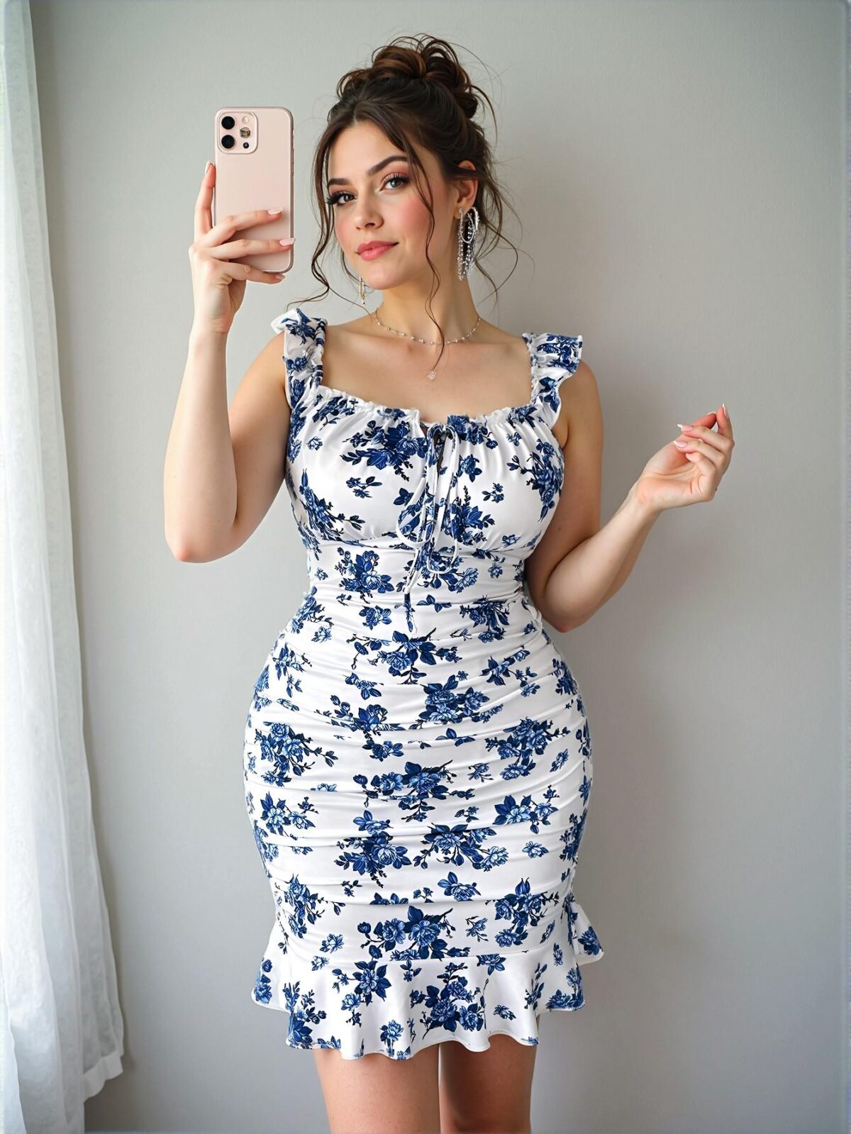 Elegant White Floral Print Color Block Pleated Flare Sleeve Mini Dress with Ruffle Hem - Chic, Classy and Trendy Fashion Style to Dress to Impress - Image 4
