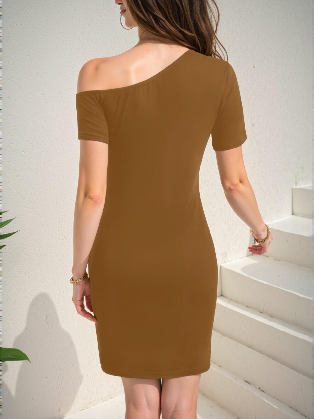 Elegant Brown Minimalist Asymmetric Shoulder Slit Short Sleeve Midi Dress for Spring and Summer Chic, Classy and Trendy Fashion Style to Dress to Impress - Image 2