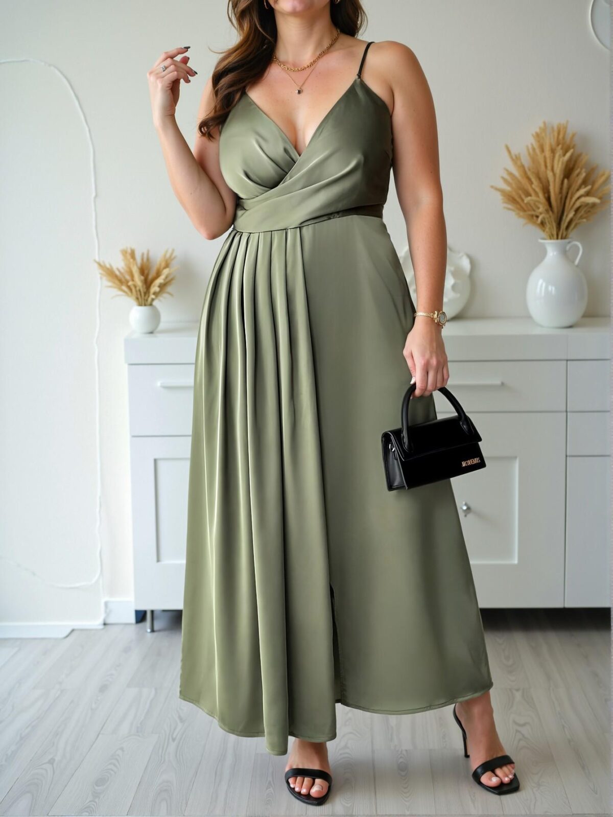 Elegant Green Minimalist V-Neck Pleated Waist A-Line Dress with Side Slit for Parties and Afternoon Tea – Chic, Classy and Trendy Fashion Style to Dress to Impress