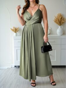 Elegant Green Minimalist V-Neck Pleated Waist A-Line Dress with Side Slit for Parties and Afternoon Tea – Chic, Classy and Trendy Fashion Style to Dress to Impress