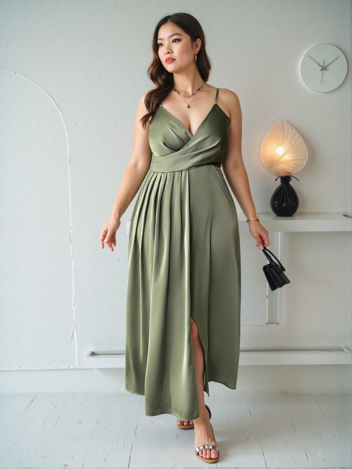Elegant Green Minimalist V-Neck Pleated Waist A-Line Dress with Side Slit for Parties and Afternoon Tea – Chic, Classy and Trendy Fashion Style to Dress to Impress - Image 3