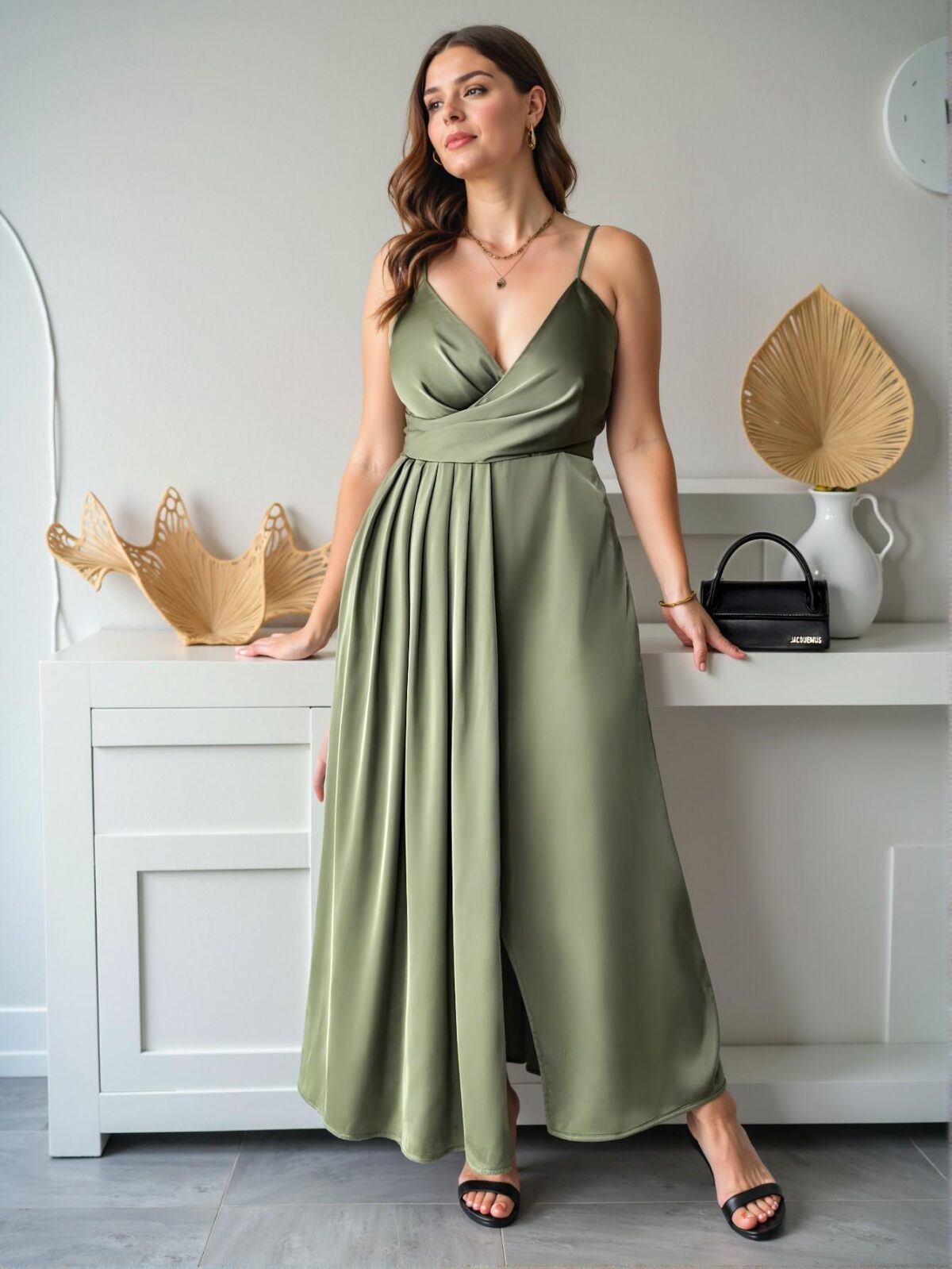 Elegant Green Minimalist V-Neck Pleated Waist A-Line Dress with Side Slit for Parties and Afternoon Tea – Chic, Classy and Trendy Fashion Style to Dress to Impress - Image 4