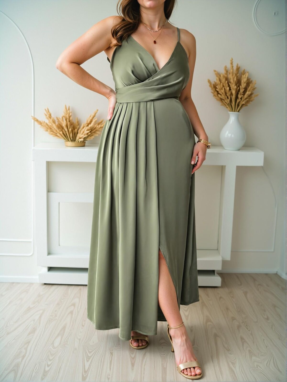 Elegant Green Minimalist V-Neck Pleated Waist A-Line Dress with Side Slit for Parties and Afternoon Tea – Chic, Classy and Trendy Fashion Style to Dress to Impress - Image 5