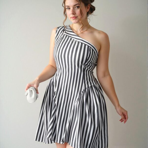 Elegant Multicolor Asymmetrical Striped Sleeveless Mini Dress - Chic, Classy and Trendy Fashion Style to Dress to Impress