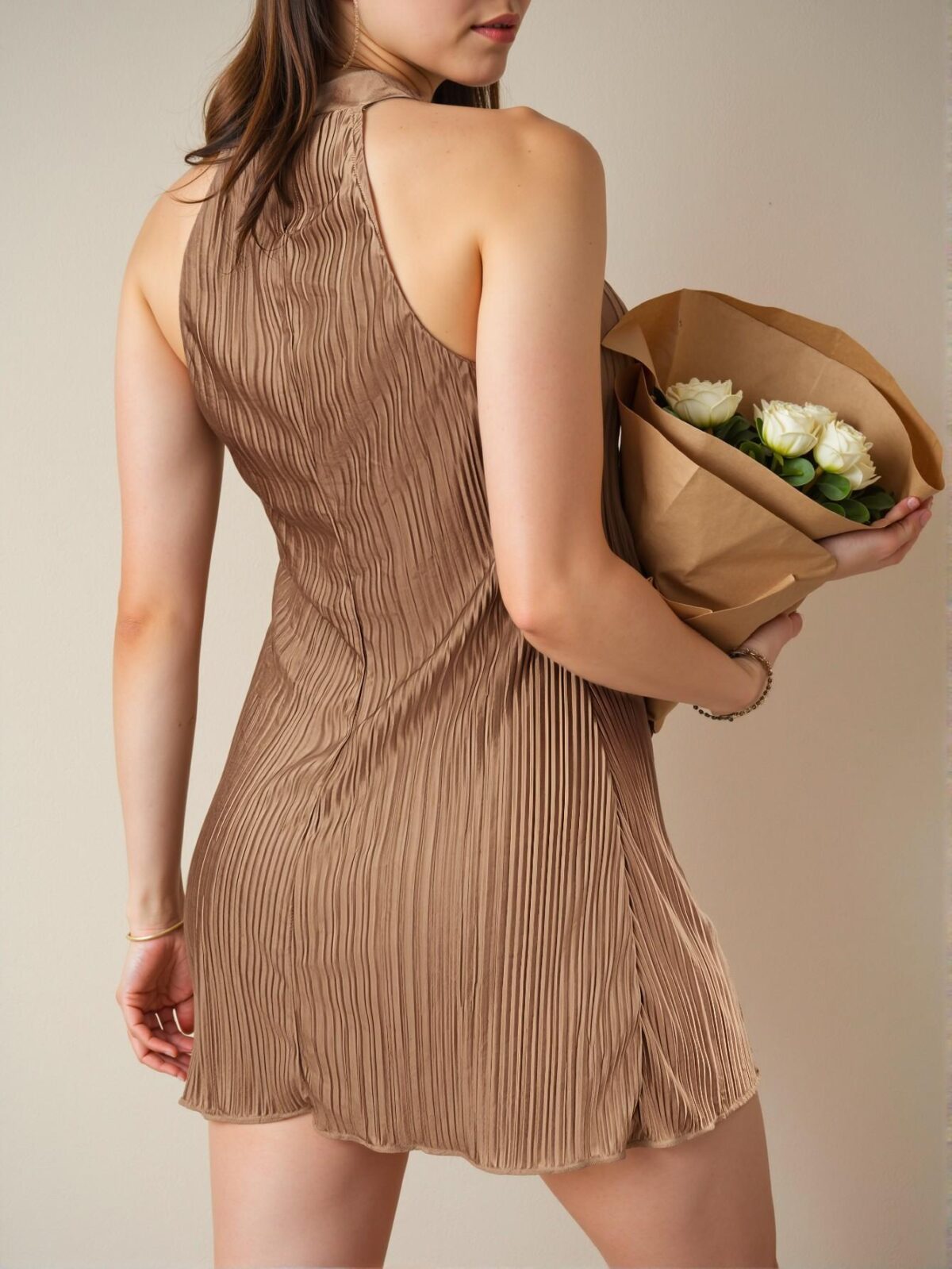 Elegant Apricot Textured Halter Neck Bodycon Dress for Spring and Summer - Chic, Classy, and Trendy Fashion Style to Dress to Impress - Image 2