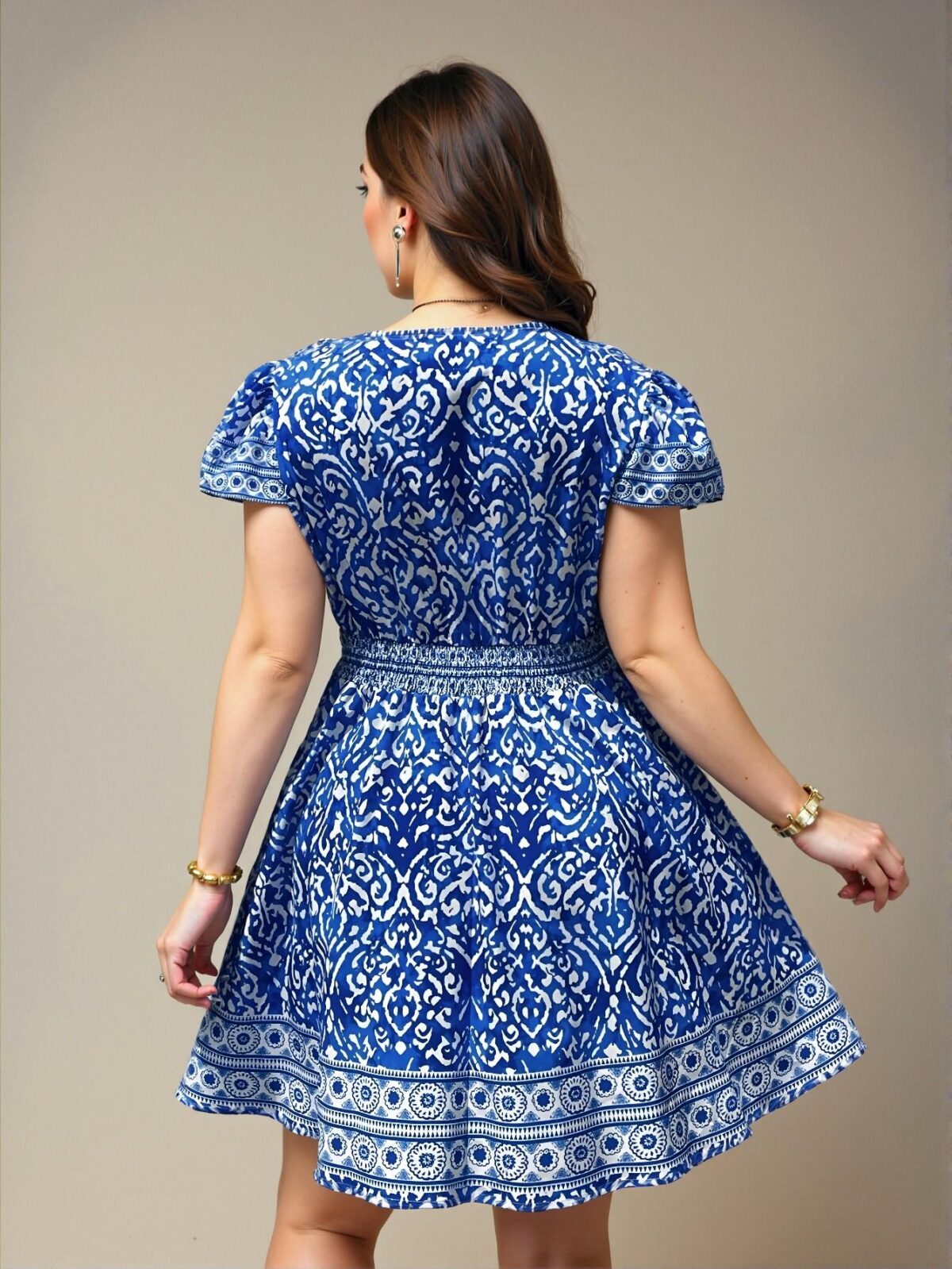 Elegant Blue Bohemian Floral Print Tie-Waist A-Line Mini Dress with Puff Sleeves for Music Festivals, Beach Vacations, and Brunch Outfits - Chic, Classy and Trendy Fashion Style to Dress to Impress - Image 2