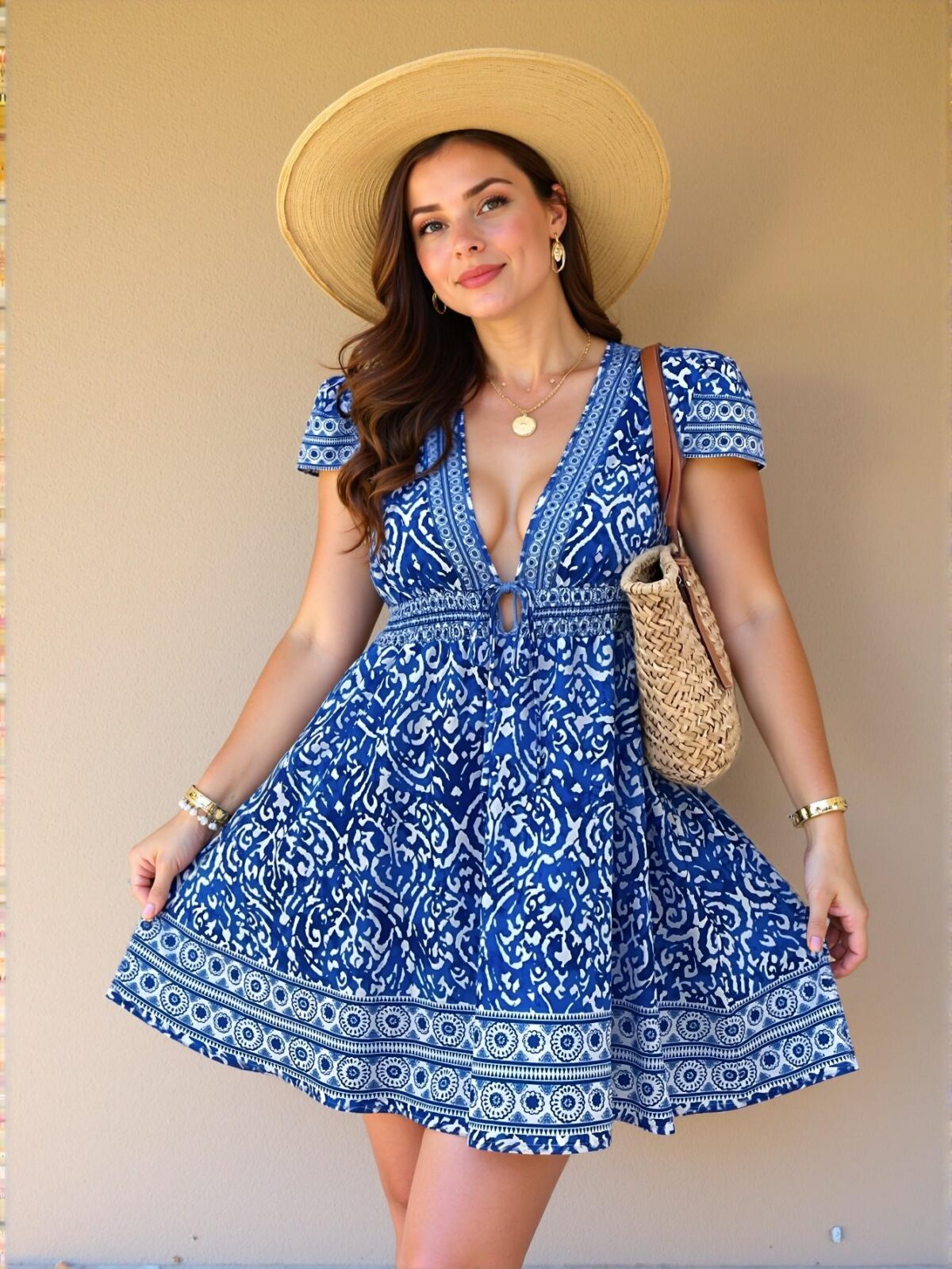 Elegant Blue Bohemian Floral Print Tie-Waist A-Line Mini Dress with Puff Sleeves for Music Festivals, Beach Vacations, and Brunch Outfits - Chic, Classy and Trendy Fashion Style to Dress to Impress - Image 4