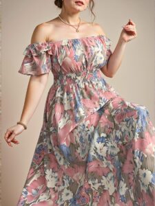 Elegant Multicolor Romantic Floral Print Off-Shoulder Drawstring Waist Ruffle Hem Plus Size Dress Chic, Classy and Trendy Fashion Style to Dress to Impress