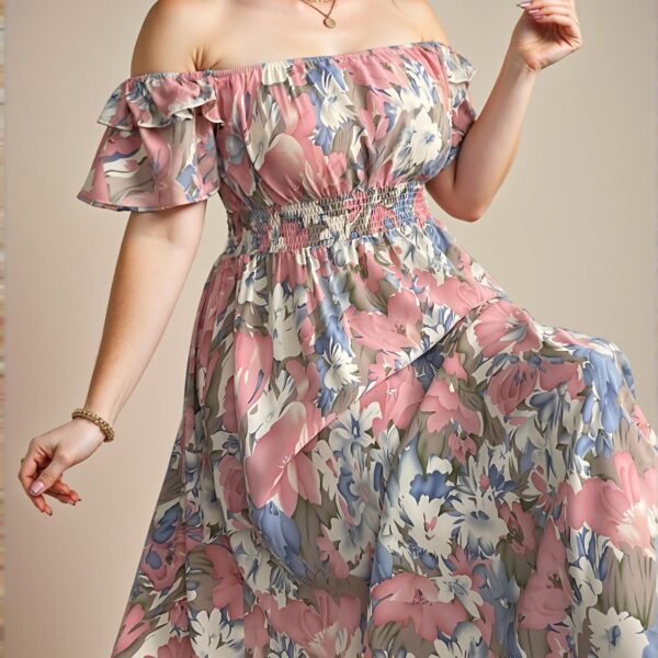Elegant Multicolor Romantic Floral Print Off-Shoulder Drawstring Waist Ruffle Hem Plus Size Dress Chic, Classy and Trendy Fashion Style to Dress to Impress