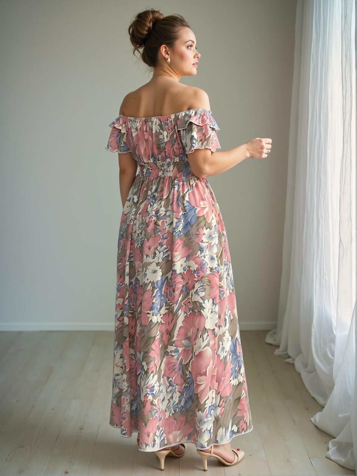 Elegant Multicolor Romantic Floral Print Off-Shoulder Drawstring Waist Ruffle Hem Plus Size Dress Chic, Classy and Trendy Fashion Style to Dress to Impress - Image 2
