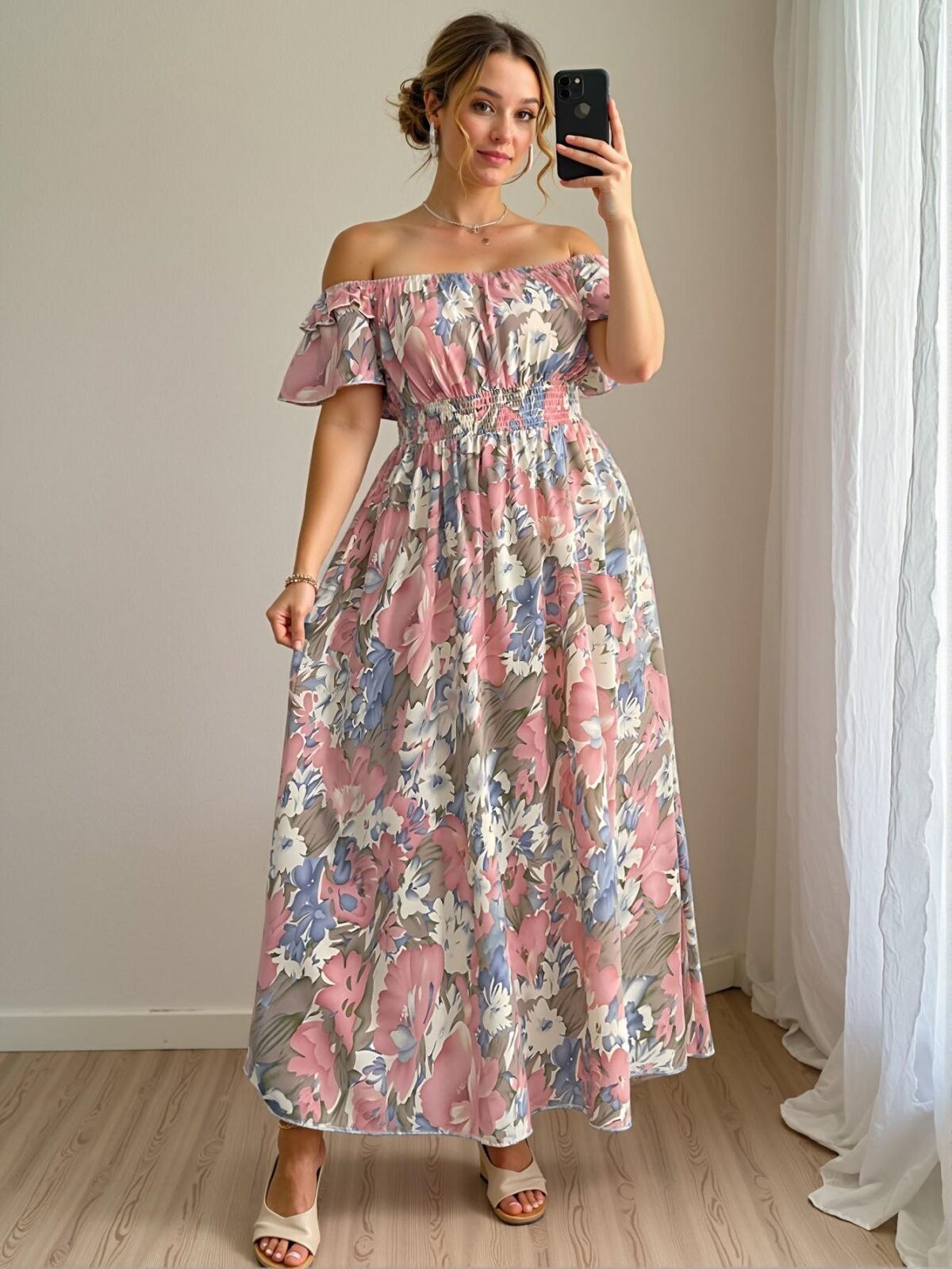 Elegant Multicolor Romantic Floral Print Off-Shoulder Drawstring Waist Ruffle Hem Plus Size Dress Chic, Classy and Trendy Fashion Style to Dress to Impress - Image 3