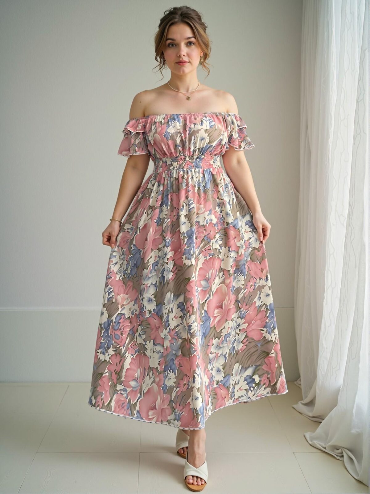 Elegant Multicolor Romantic Floral Print Off-Shoulder Drawstring Waist Ruffle Hem Plus Size Dress Chic, Classy and Trendy Fashion Style to Dress to Impress - Image 4