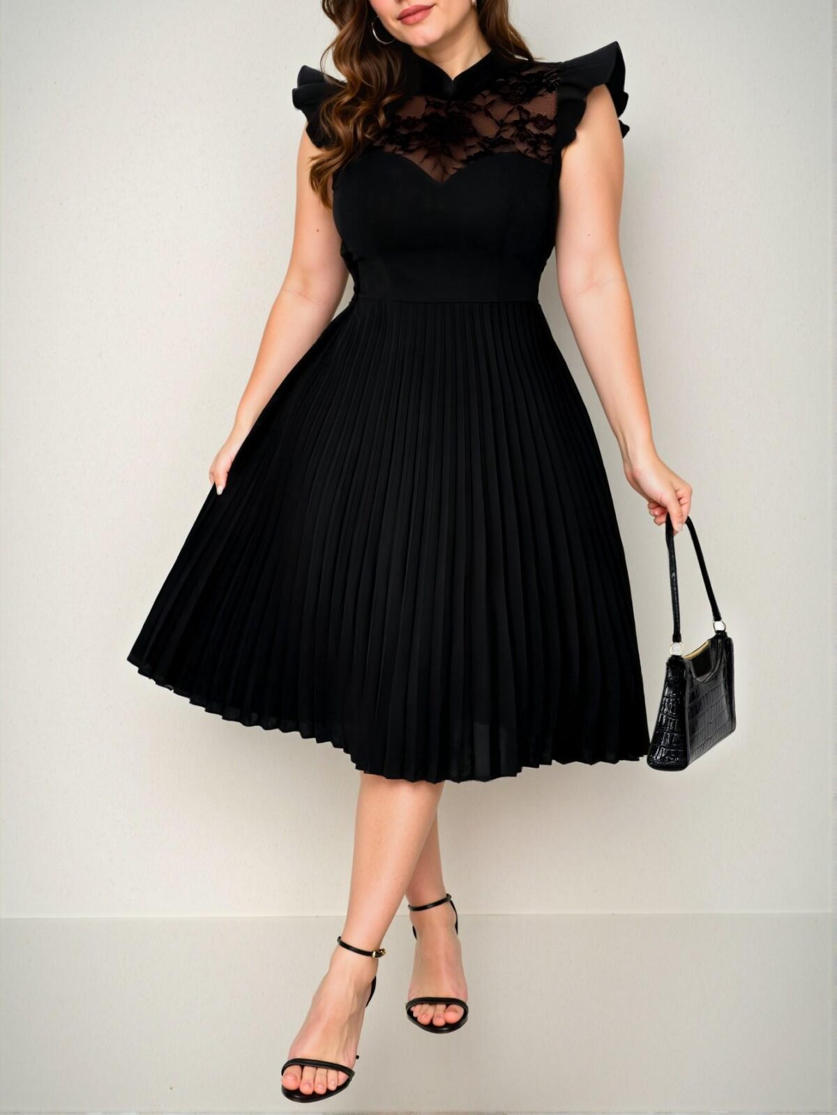 Elegant Black Romantic Contrast Lace Stand Collar Cap Sleeve A-Line Dress Chic, Classy and Trendy Fashion Style to Dress to Impress