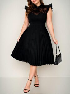 Elegant Black Romantic Contrast Lace Stand Collar Cap Sleeve A-Line Dress Chic, Classy and Trendy Fashion Style to Dress to Impress
