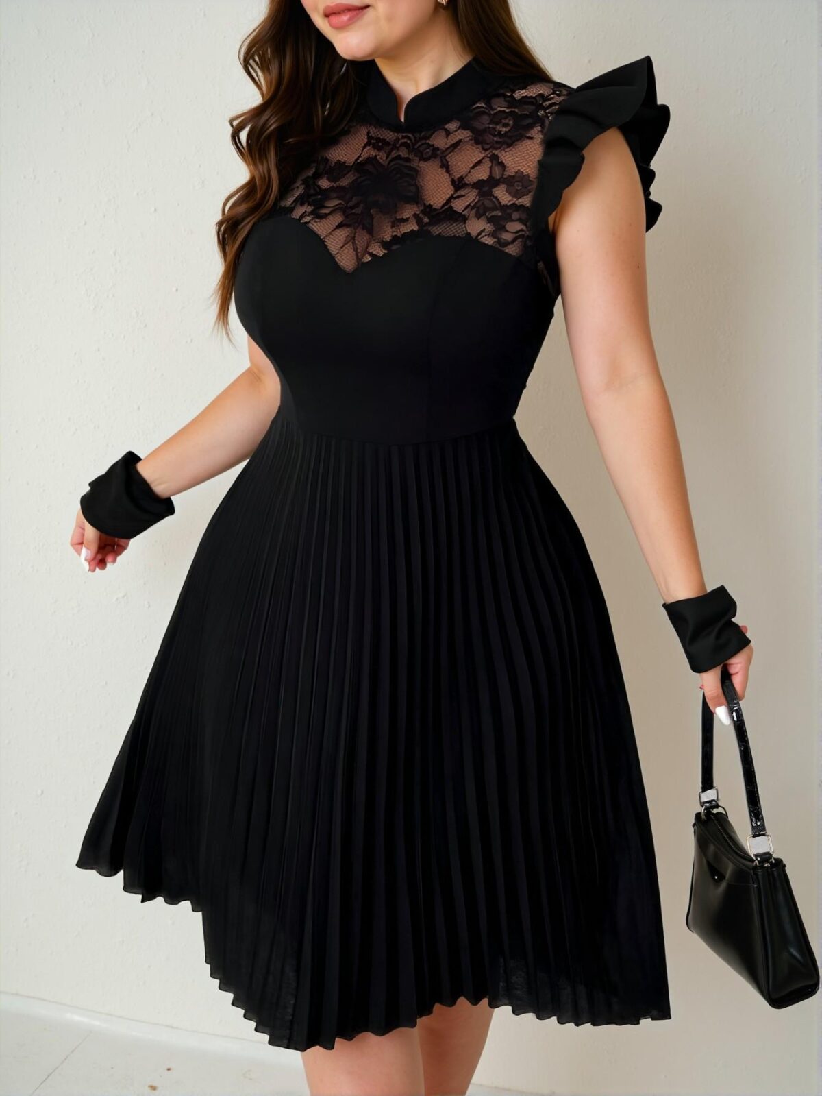 Elegant Black Romantic Contrast Lace Stand Collar Cap Sleeve A-Line Dress Chic, Classy and Trendy Fashion Style to Dress to Impress - Image 2