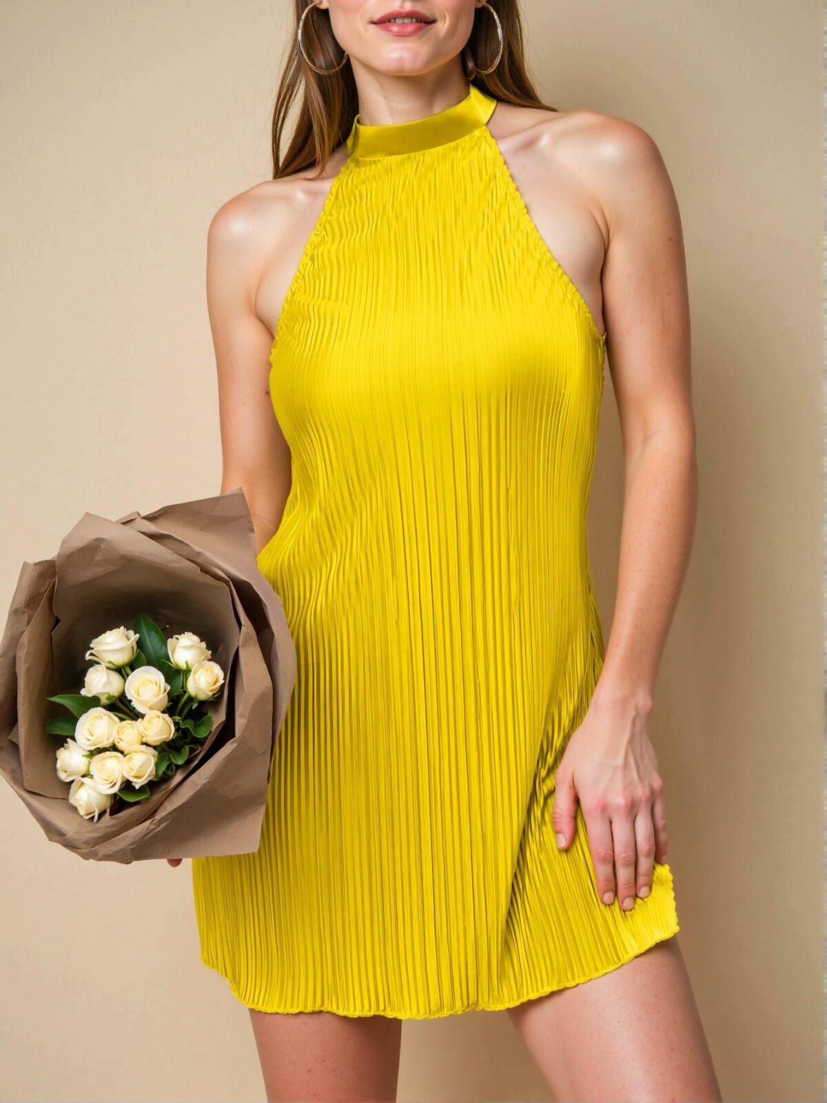 Elegant Yellow Pleated Halter Mini Dress Ideal for Spring and Summer Chic, Classy and Trendy Fashion Style to Dress to Impress - Image 3
