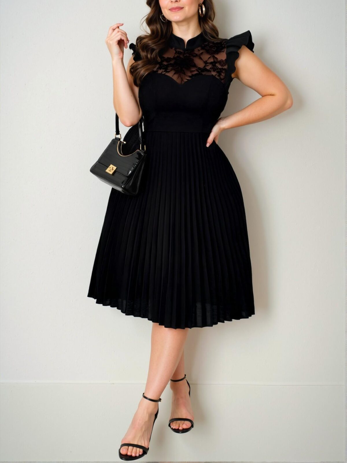 Elegant Black Romantic Contrast Lace Stand Collar Cap Sleeve A-Line Dress Chic, Classy and Trendy Fashion Style to Dress to Impress - Image 4