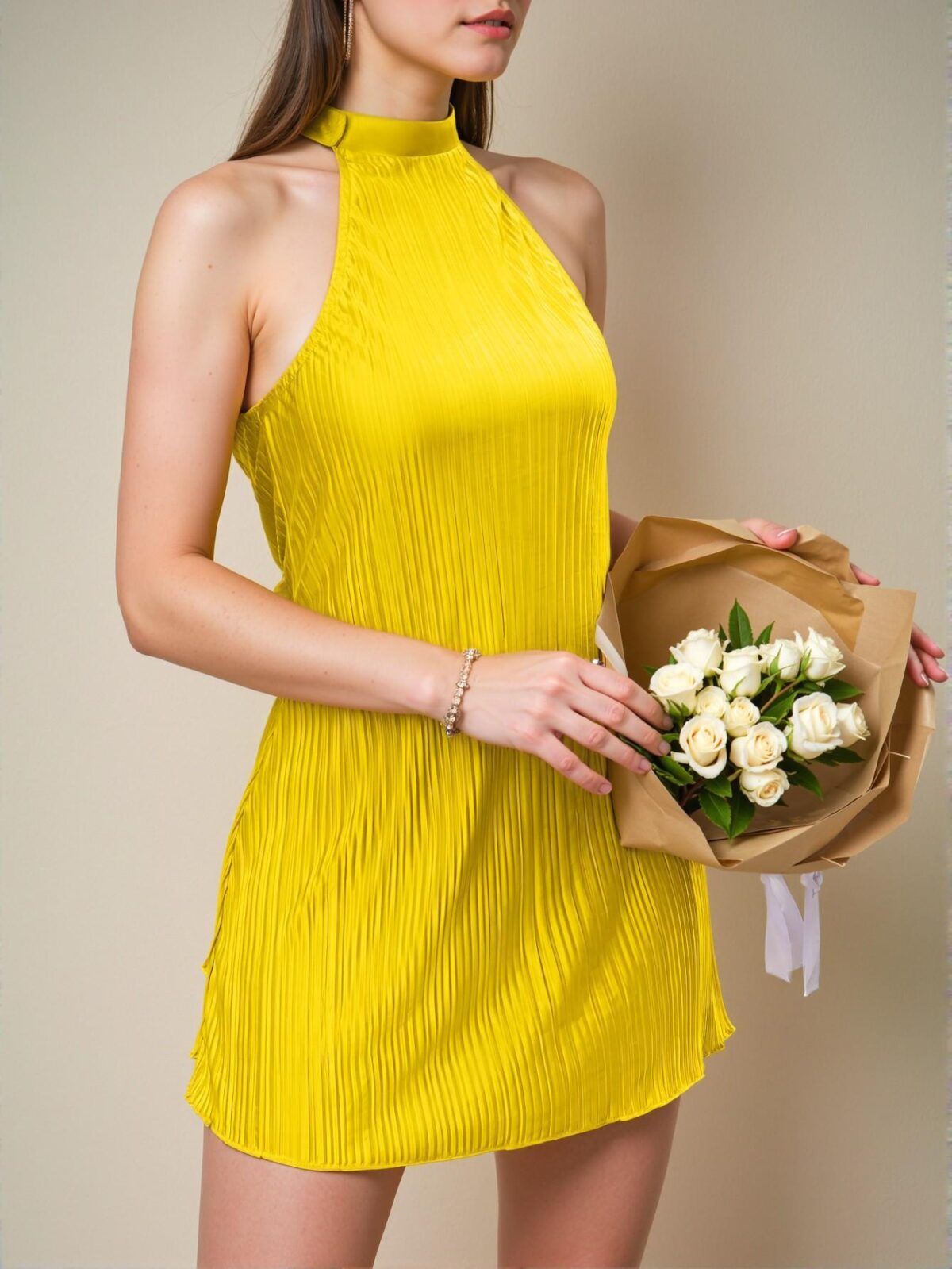 Elegant Yellow Pleated Halter Mini Dress Ideal for Spring and Summer Chic, Classy and Trendy Fashion Style to Dress to Impress - Image 5
