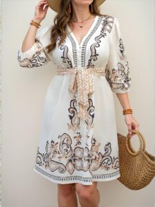 Elegant Multicolor Floral Printed Tie Front A-Line Dress with Three Quarter Length Bishop Sleeves - Chic, Classy and Trendy Fashion Style to Dress to Impress