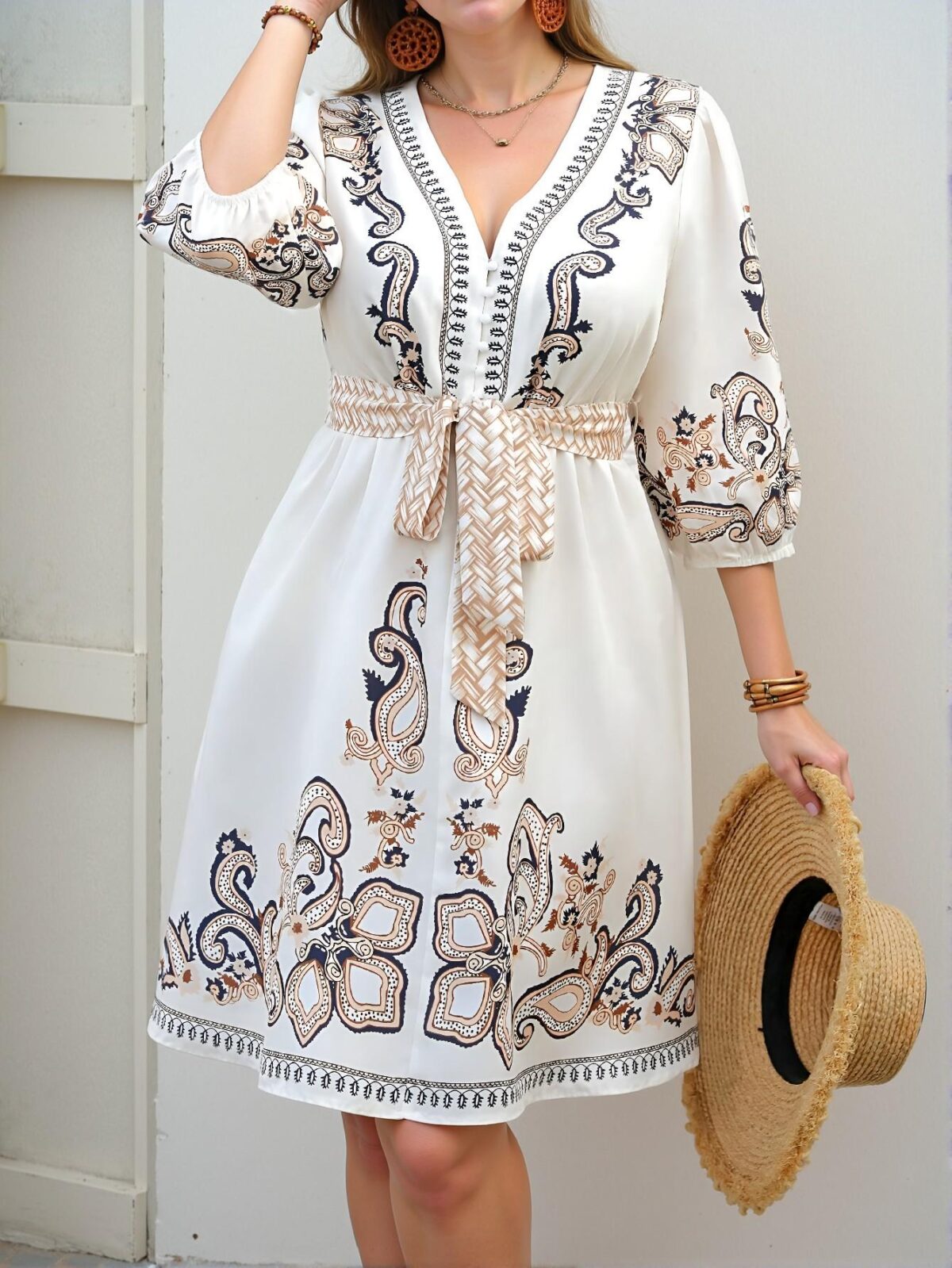 Elegant Multicolor Floral Printed Tie Front A-Line Dress with Three Quarter Length Bishop Sleeves - Chic, Classy and Trendy Fashion Style to Dress to Impress - Image 5