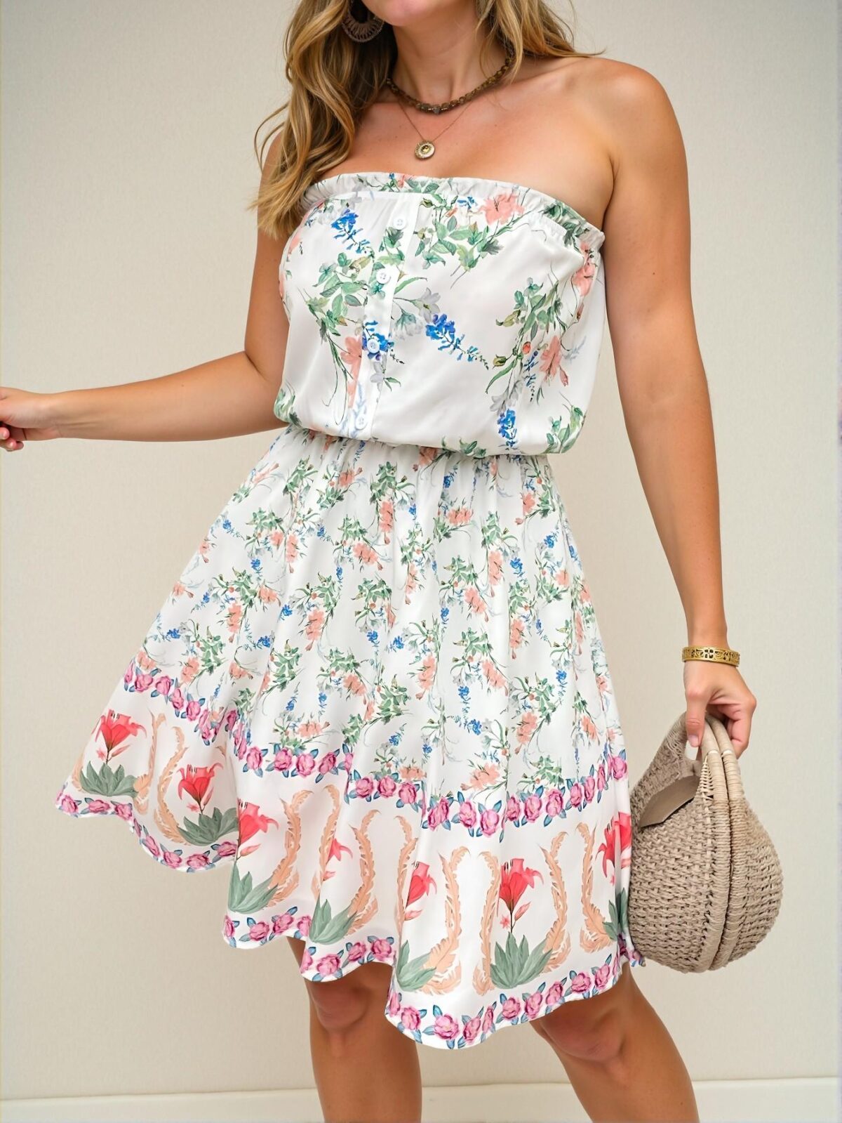 Elegant Multicolor Floral Print Tube Top A-Line Mini Dress, Romantic Island Boho Vacation Style for Graduation, Weddings, Brunch, and Beach Getaways, Perfect for City Breaks and Holiday Outfits, Ideal for the Coconut Girl Chic, Classy and Trendy Fashion Style to Dress to Impress