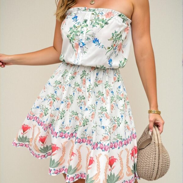 Elegant Multicolor Floral Print Tube Top A-Line Mini Dress, Romantic Island Boho Vacation Style for Graduation, Weddings, Brunch, and Beach Getaways, Perfect for City Breaks and Holiday Outfits, Ideal for the Coconut Girl Chic, Classy and Trendy Fashion Style to Dress to Impress