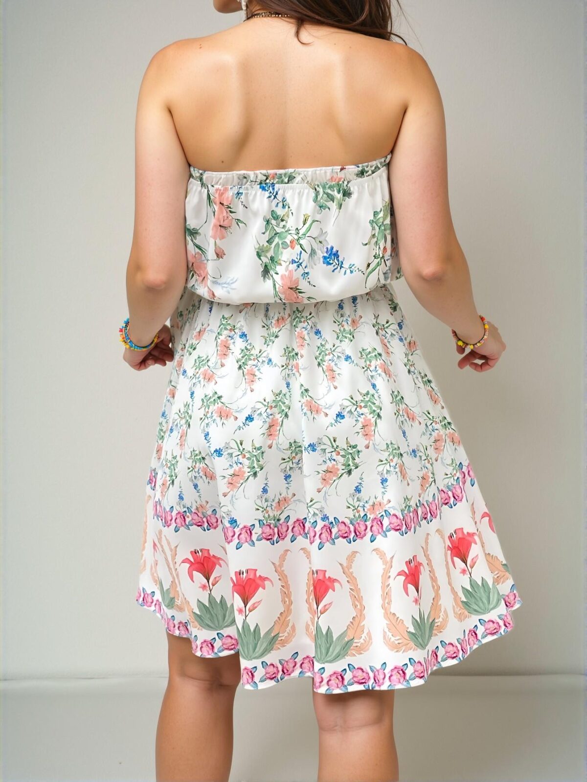 Elegant Multicolor Floral Print Tube Top A-Line Mini Dress, Romantic Island Boho Vacation Style for Graduation, Weddings, Brunch, and Beach Getaways, Perfect for City Breaks and Holiday Outfits, Ideal for the Coconut Girl Chic, Classy and Trendy Fashion Style to Dress to Impress - Image 2