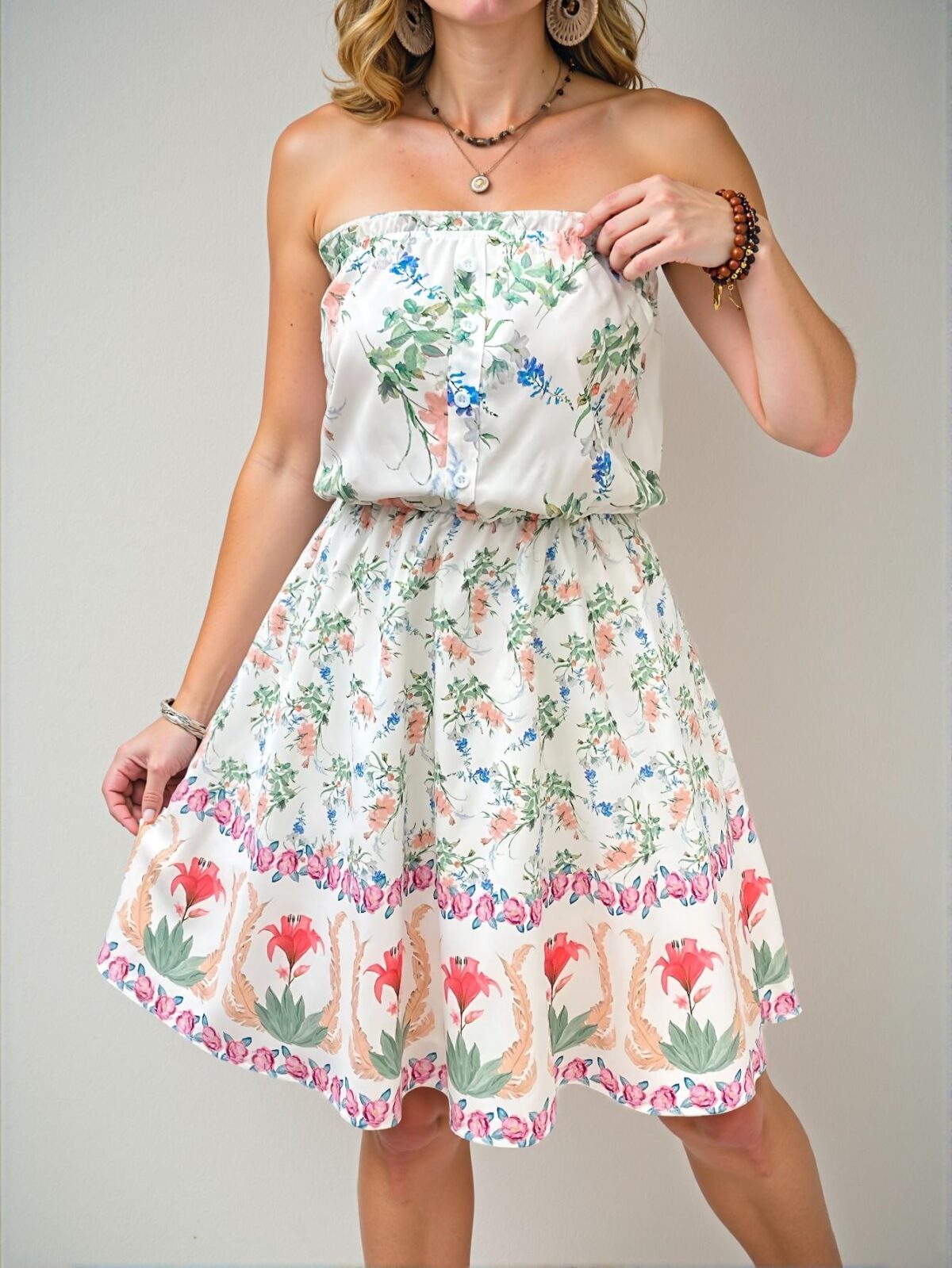 Elegant Multicolor Floral Print Tube Top A-Line Mini Dress, Romantic Island Boho Vacation Style for Graduation, Weddings, Brunch, and Beach Getaways, Perfect for City Breaks and Holiday Outfits, Ideal for the Coconut Girl Chic, Classy and Trendy Fashion Style to Dress to Impress - Image 3