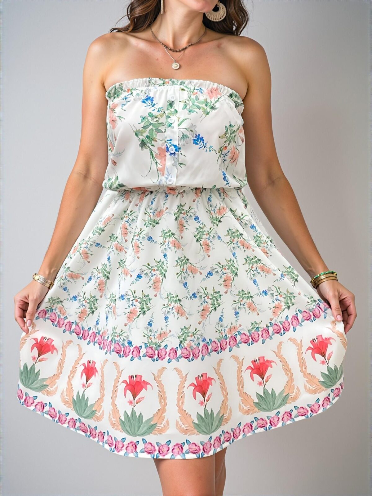 Elegant Multicolor Floral Print Tube Top A-Line Mini Dress, Romantic Island Boho Vacation Style for Graduation, Weddings, Brunch, and Beach Getaways, Perfect for City Breaks and Holiday Outfits, Ideal for the Coconut Girl Chic, Classy and Trendy Fashion Style to Dress to Impress - Image 4