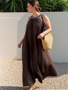Elegant Rust Brown A-Line Floral Patchwork Halter Neck Midi Dress for a Chic, Classy and Trendy Fashion Style to Dress to Impress