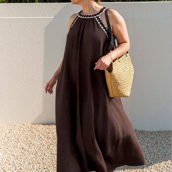 Elegant Rust Brown A-Line Floral Patchwork Halter Neck Midi Dress for a Chic, Classy and Trendy Fashion Style to Dress to Impress