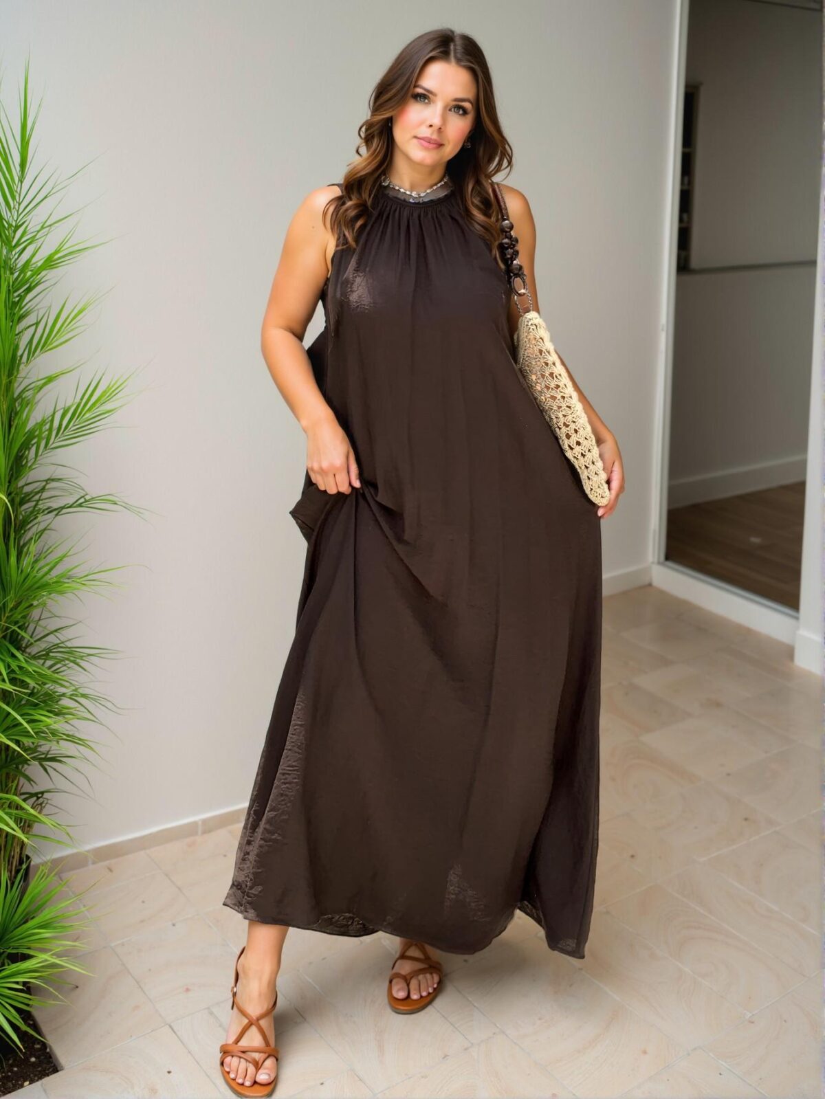 Elegant Rust Brown A-Line Floral Patchwork Halter Neck Midi Dress for a Chic, Classy and Trendy Fashion Style to Dress to Impress - Image 3