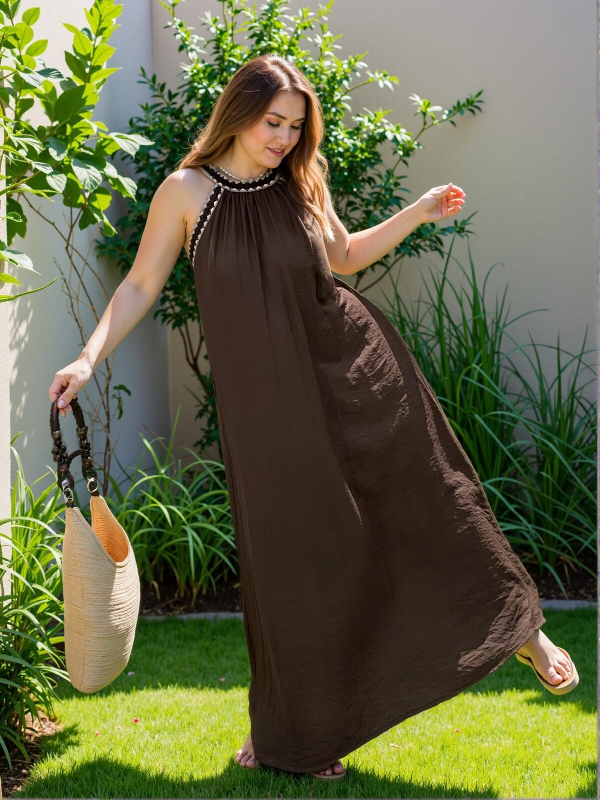 Elegant Rust Brown A-Line Floral Patchwork Halter Neck Midi Dress for a Chic, Classy and Trendy Fashion Style to Dress to Impress - Image 5