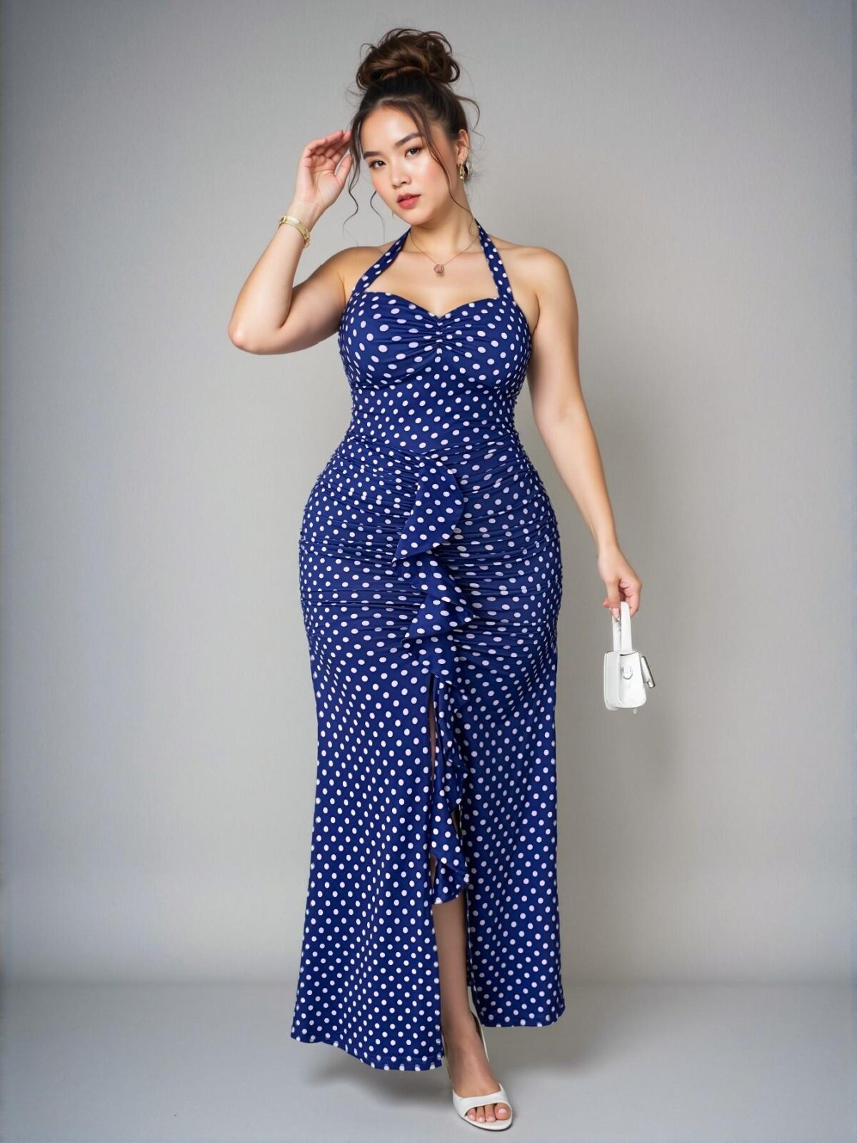 Elegant Blue Flattering Sleeveless Polka Dot Dress with Tie-Up and Thigh-High Slit - Chic, Classy and Trendy Fashion Style to Dress to Impress