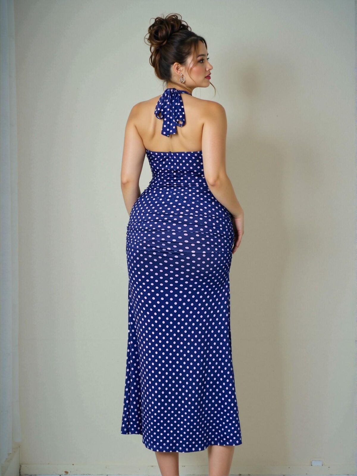 Elegant Blue Flattering Sleeveless Polka Dot Dress with Tie-Up and Thigh-High Slit - Chic, Classy and Trendy Fashion Style to Dress to Impress - Image 2