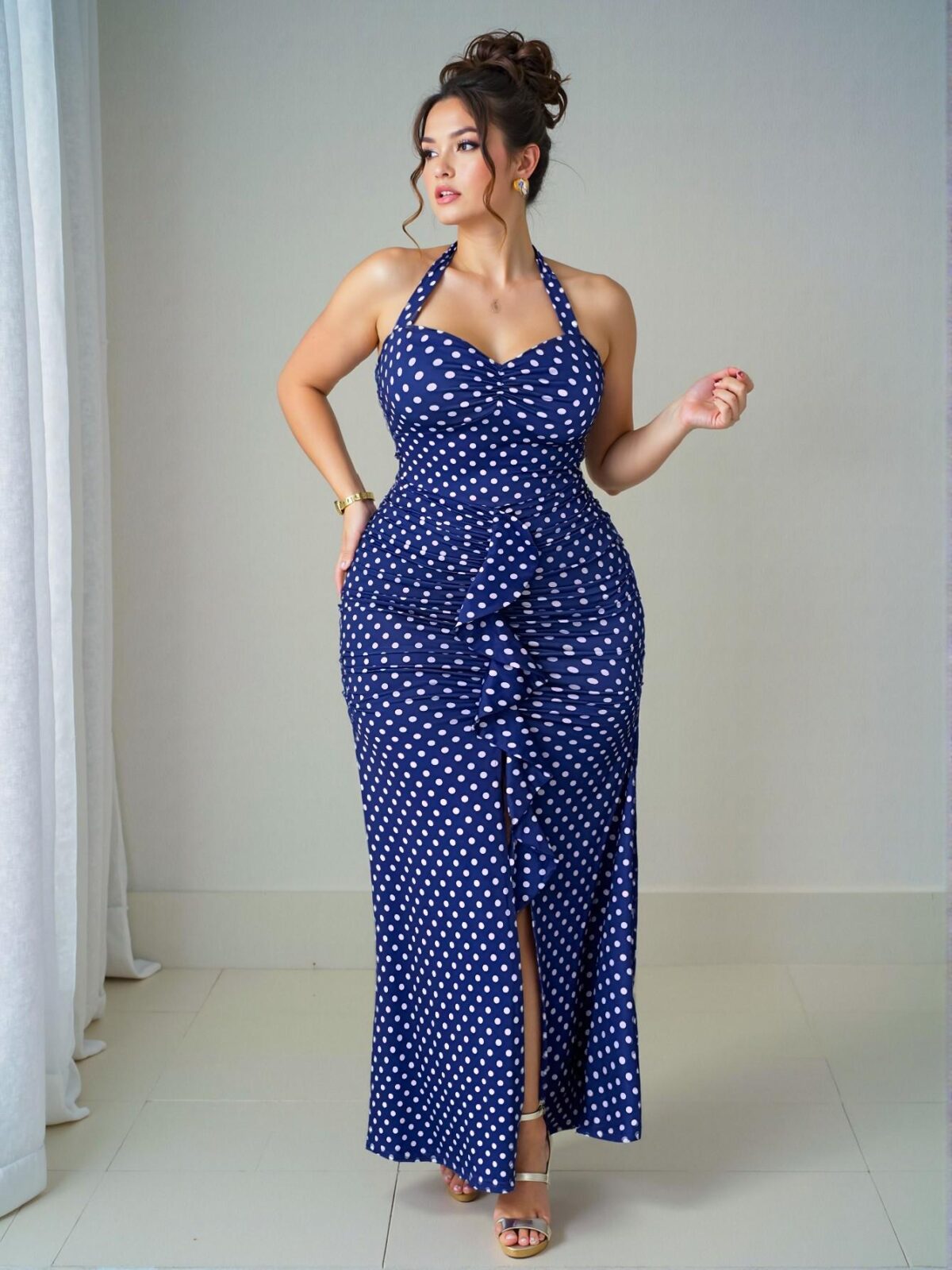 Elegant Blue Flattering Sleeveless Polka Dot Dress with Tie-Up and Thigh-High Slit - Chic, Classy and Trendy Fashion Style to Dress to Impress - Image 3
