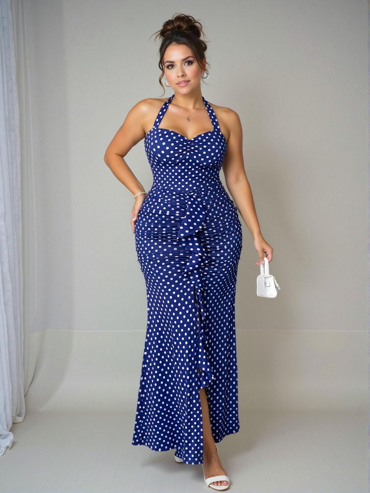 Elegant Blue Flattering Sleeveless Polka Dot Dress with Tie-Up and Thigh-High Slit - Chic, Classy and Trendy Fashion Style to Dress to Impress - Image 4