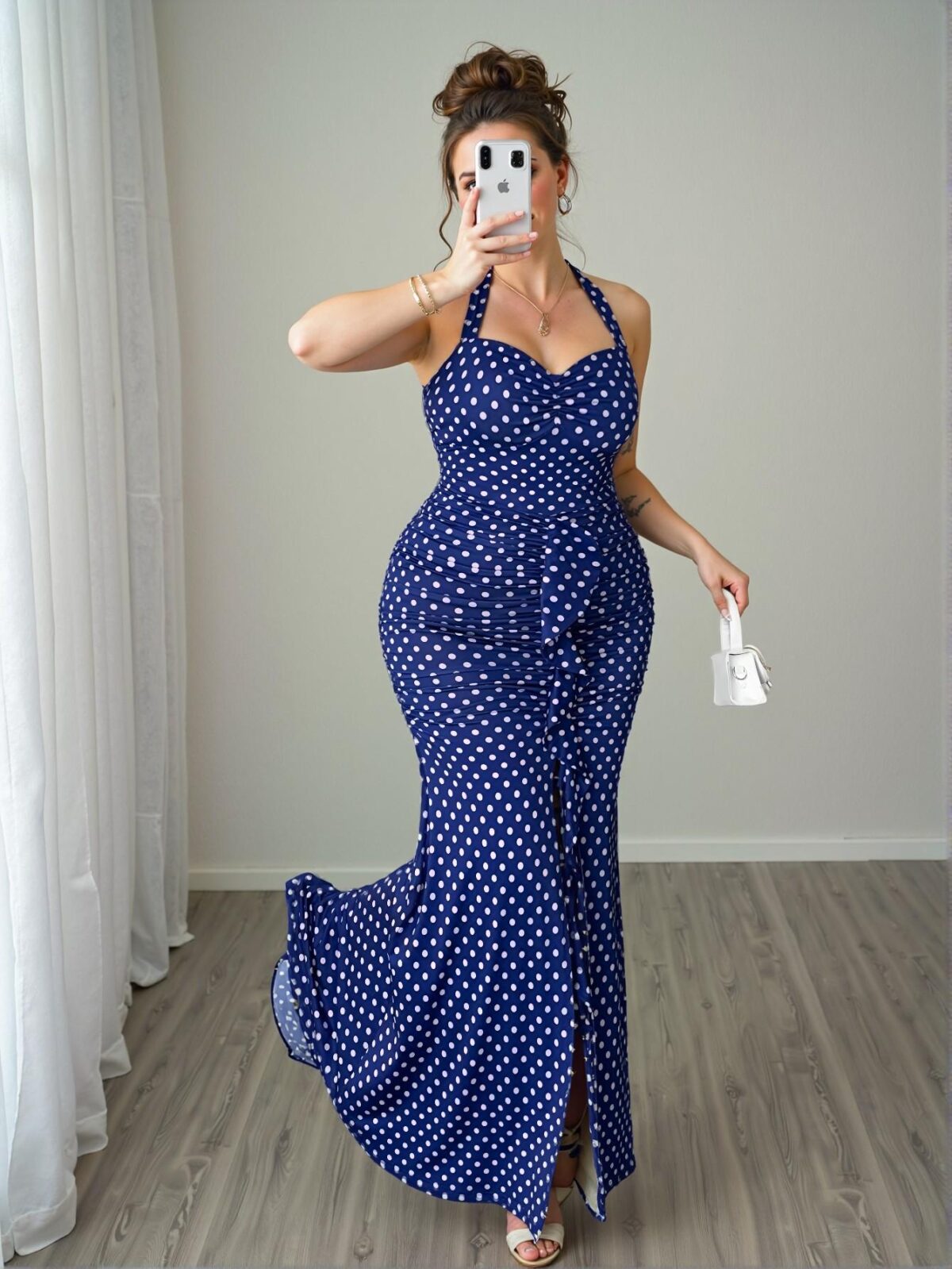 Elegant Blue Flattering Sleeveless Polka Dot Dress with Tie-Up and Thigh-High Slit - Chic, Classy and Trendy Fashion Style to Dress to Impress - Image 5