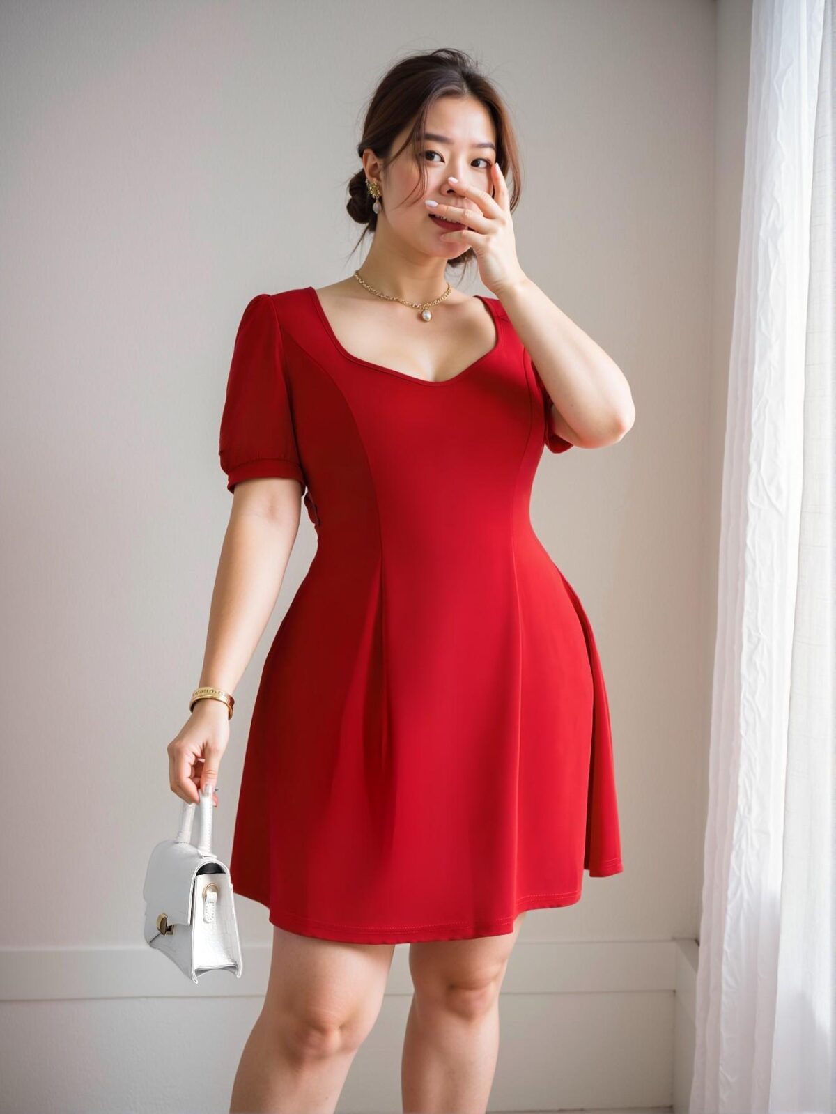 Elegant Red Short Sleeve Sweetheart Collar Mini Dress with Flared Hem - Chic, Classy and Trendy Fashion Style to Dress to Impress - Image 3