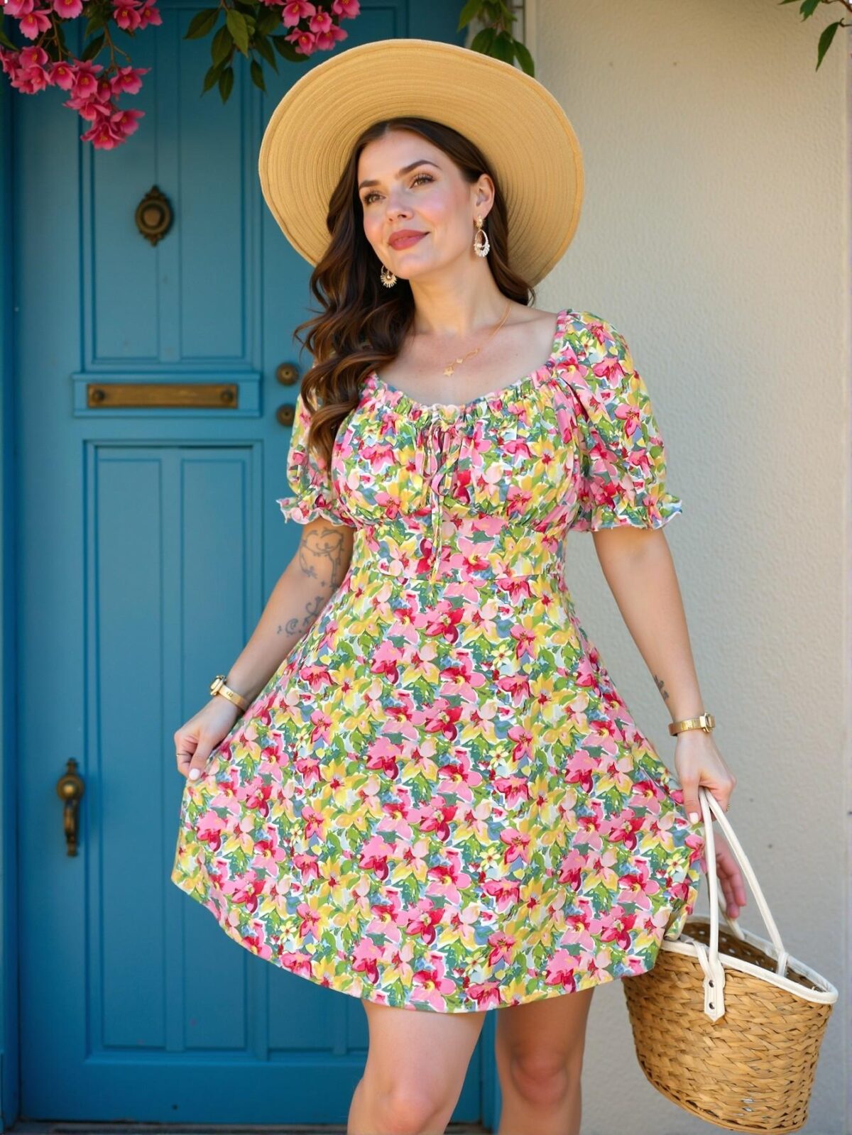 Elegant Multicolor Bohemian Ruffled Tie-Waist Lantern Sleeve A-Line Floral Dress Perfect for Spring Gatherings and Summer Getaways, Ideal for Brunch, Beach Vacations, and City Breaks - Chic, Classy and Trendy Fashion Style to Dress to Impress - Image 5