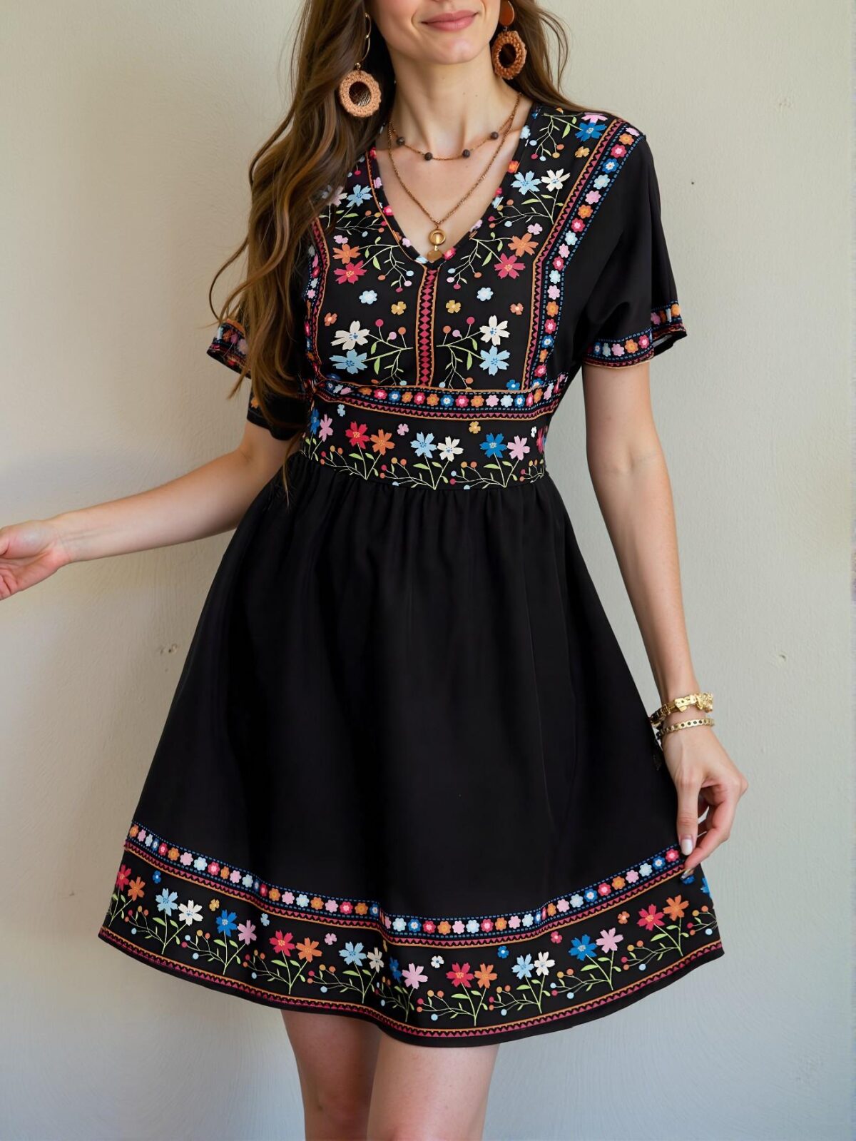 Elegant Black Boho Floral Print Mini Dress with V-Neck and Ruffle Hem for Summer and Holiday Escapes - Chic, Classy and Trendy Fashion Style to Dress to Impress