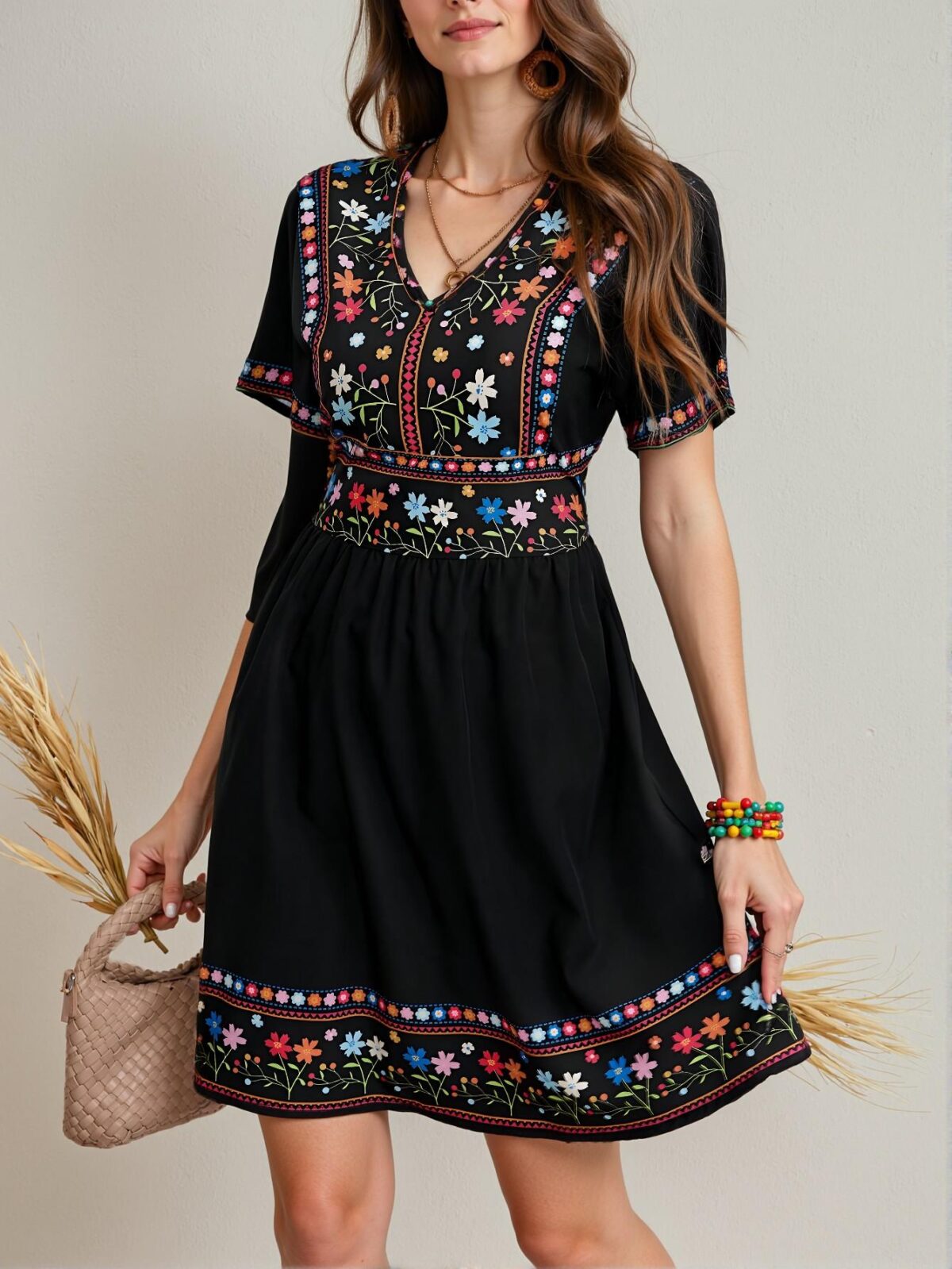 Elegant Black Boho Floral Print Mini Dress with V-Neck and Ruffle Hem for Summer and Holiday Escapes - Chic, Classy and Trendy Fashion Style to Dress to Impress - Image 2