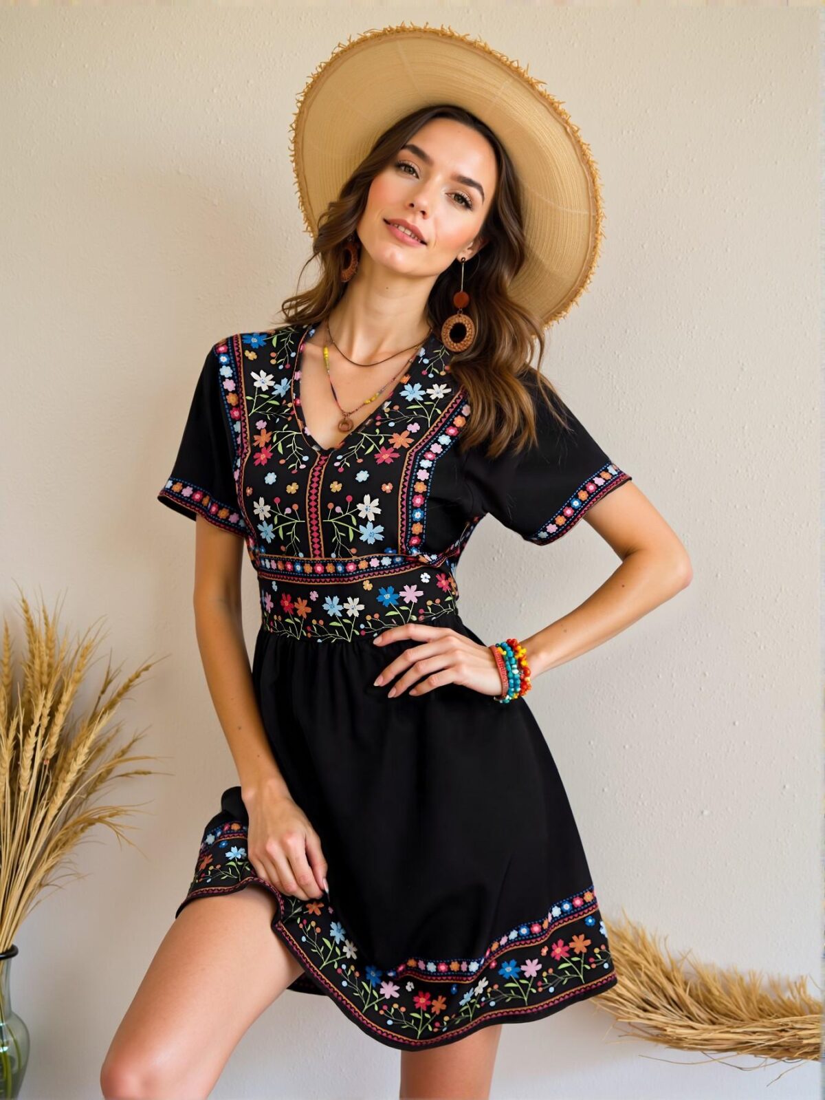 Elegant Black Boho Floral Print Mini Dress with V-Neck and Ruffle Hem for Summer and Holiday Escapes - Chic, Classy and Trendy Fashion Style to Dress to Impress - Image 4