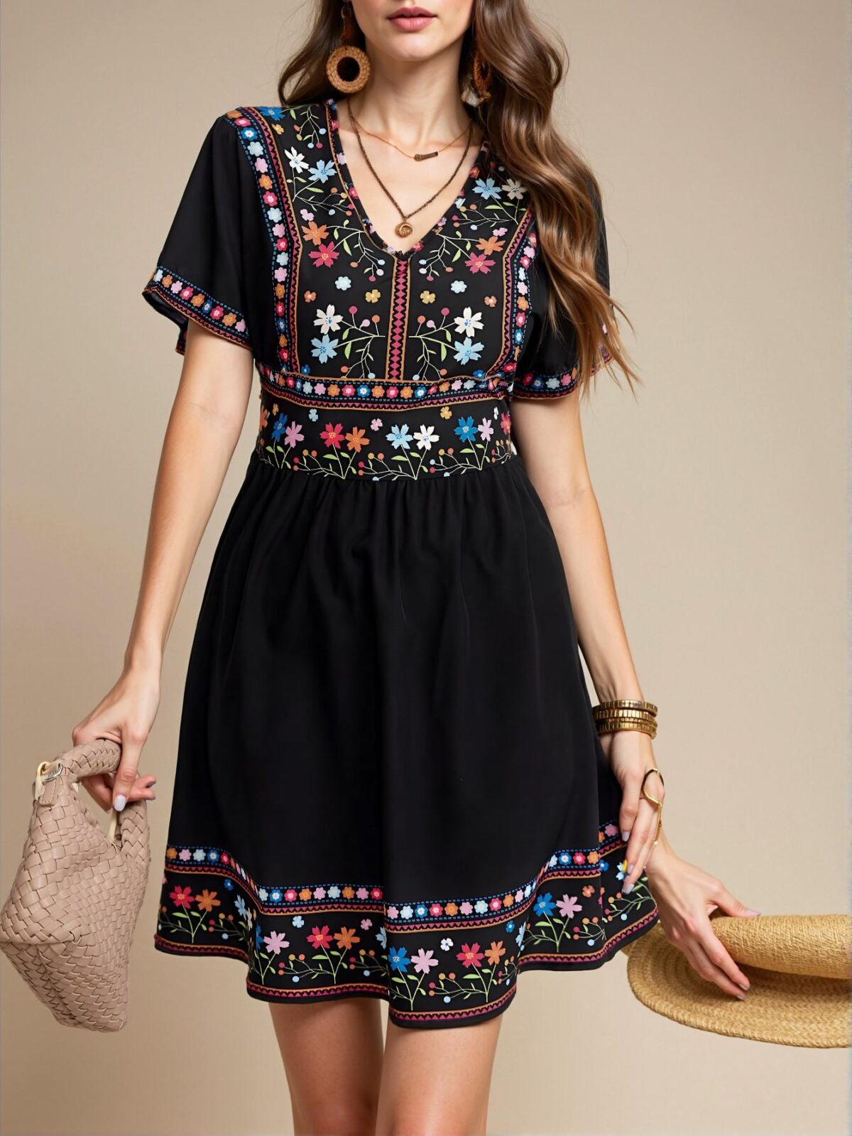 Elegant Black Boho Floral Print Mini Dress with V-Neck and Ruffle Hem for Summer and Holiday Escapes - Chic, Classy and Trendy Fashion Style to Dress to Impress - Image 5