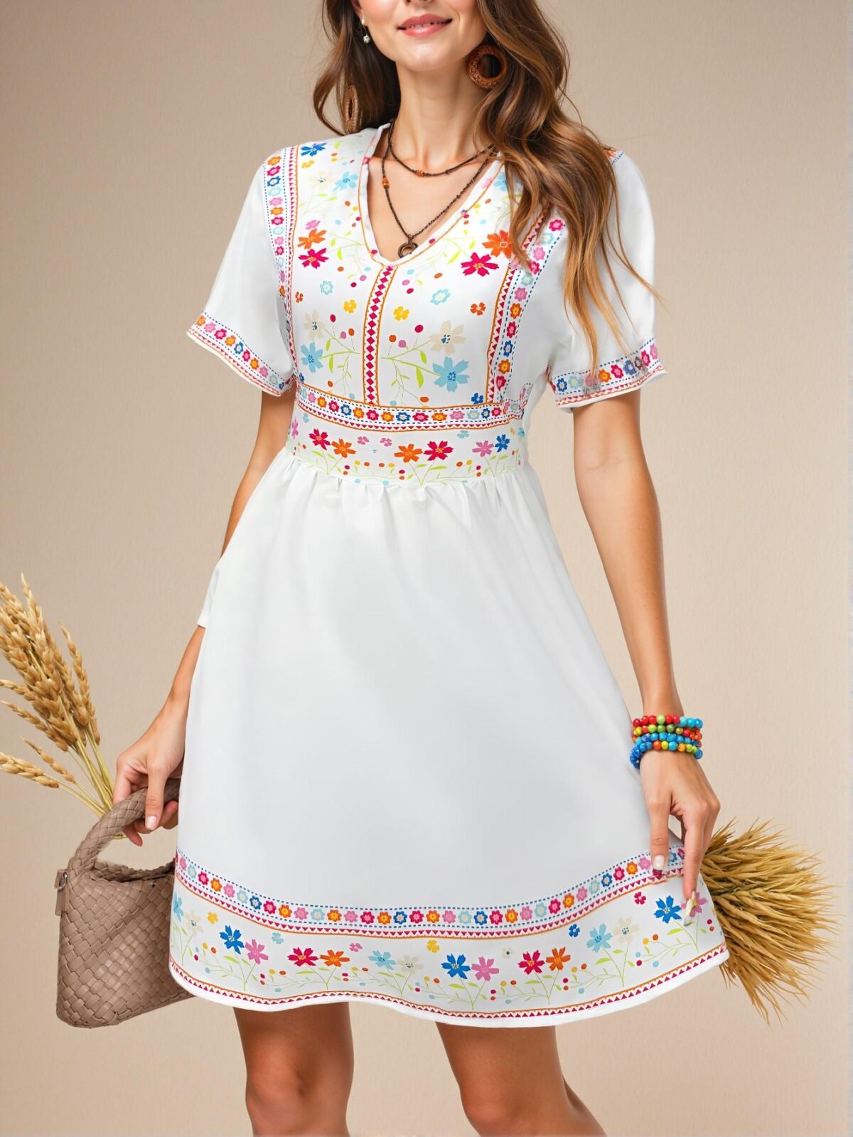 Elegant White Boho Floral Print V-Neck Summer Vacation Dress for Spring and Summer - Chic, Classy and Trendy Fashion Style to Dress to Impress