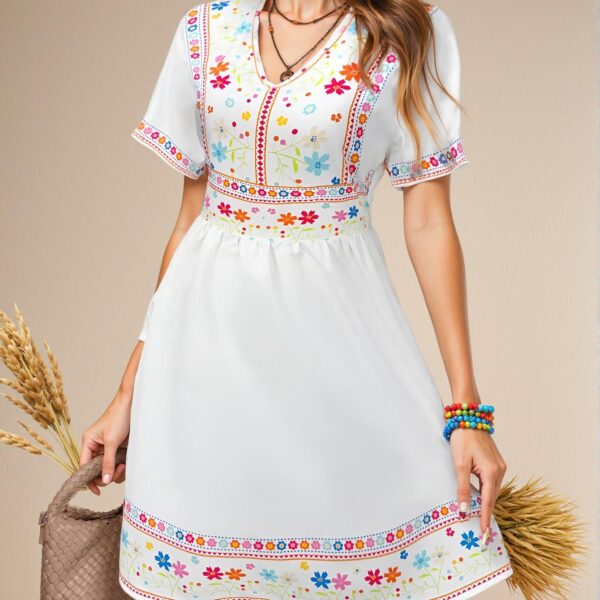 Elegant White Boho Floral Print V-Neck Summer Vacation Dress for Spring and Summer - Chic, Classy and Trendy Fashion Style to Dress to Impress