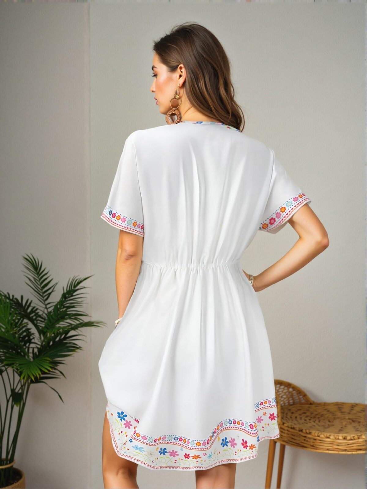 Elegant White Boho Floral Print V-Neck Summer Vacation Dress for Spring and Summer - Chic, Classy and Trendy Fashion Style to Dress to Impress - Image 2