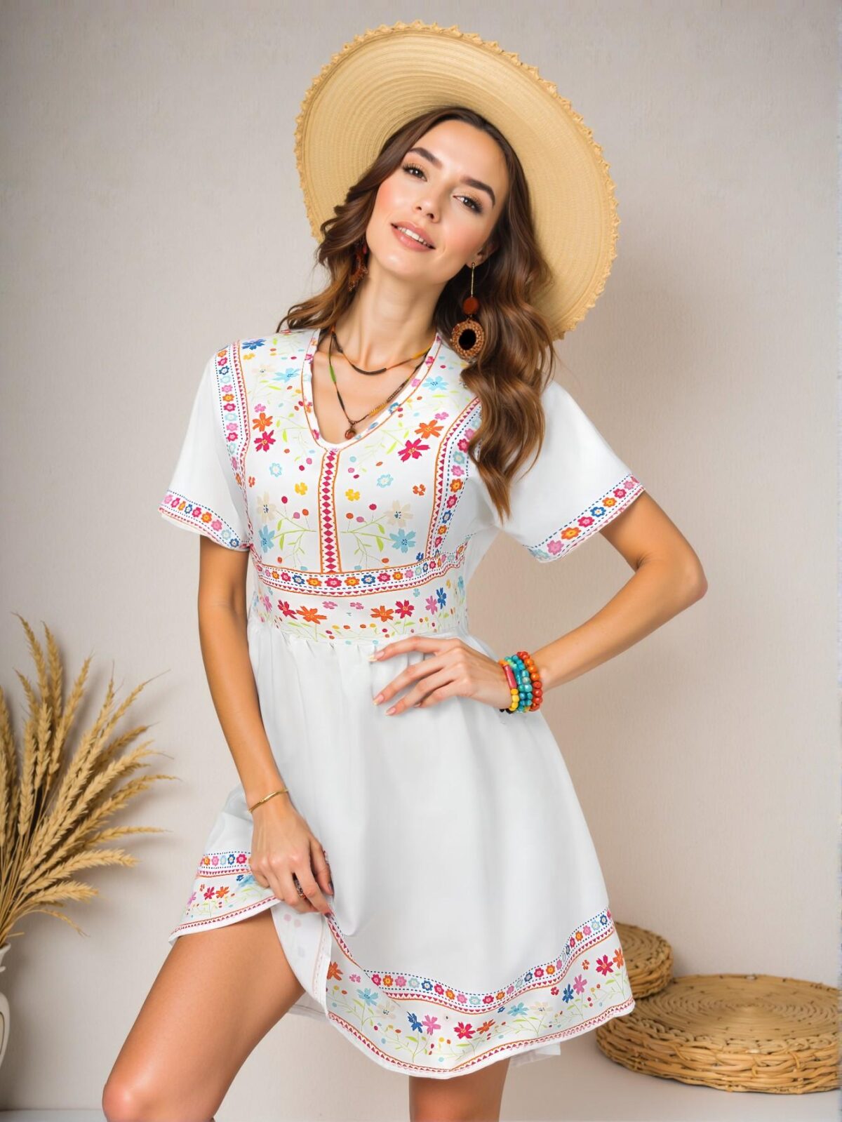 Elegant White Boho Floral Print V-Neck Summer Vacation Dress for Spring and Summer - Chic, Classy and Trendy Fashion Style to Dress to Impress - Image 3