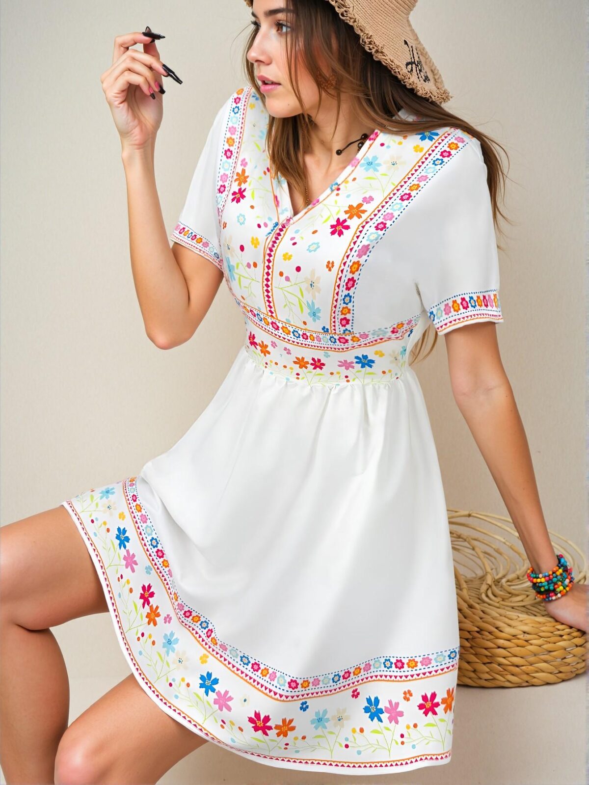 Elegant White Boho Floral Print V-Neck Summer Vacation Dress for Spring and Summer - Chic, Classy and Trendy Fashion Style to Dress to Impress - Image 4