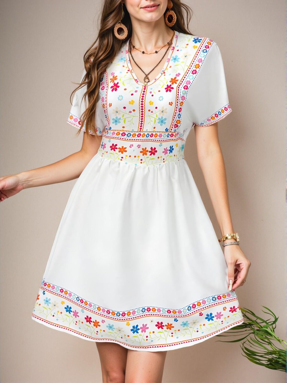 Elegant White Boho Floral Print V-Neck Summer Vacation Dress for Spring and Summer - Chic, Classy and Trendy Fashion Style to Dress to Impress - Image 5